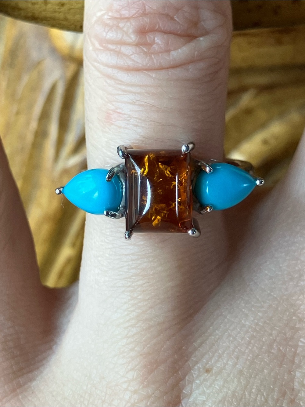 Baltic Amber Sleeping Beauty Turquoise Sterling Silver Ring Size 7.75